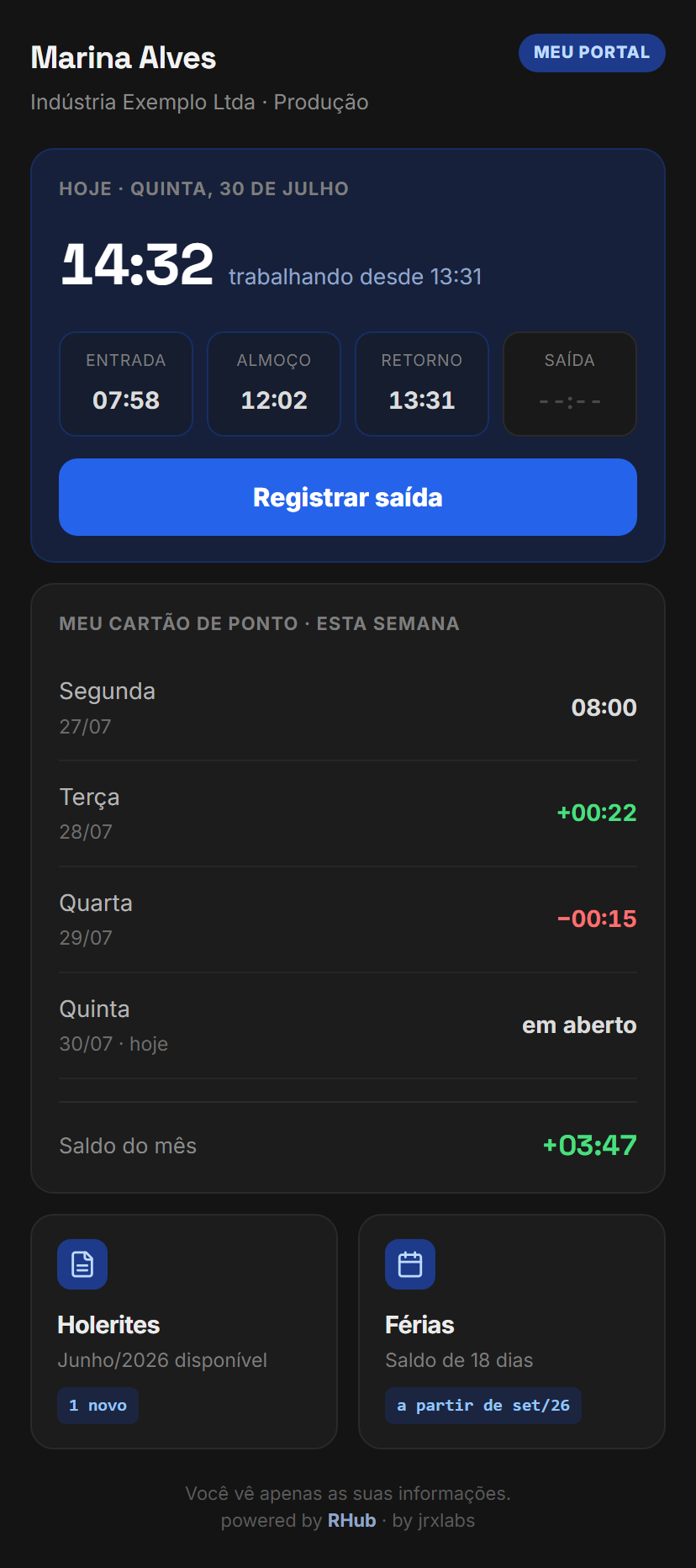 Portal do funcionário no RHub, com marcações do dia, cartão de ponto da semana e atalhos de holerite e férias